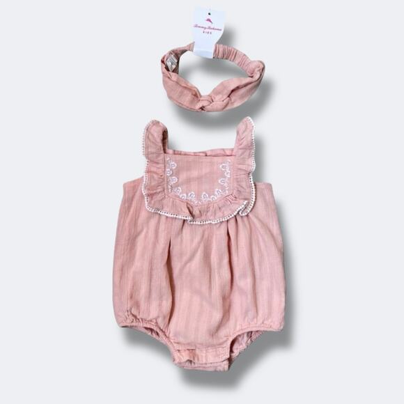 Tommy Bahama Romper Baby Girls 6-9M Pink Embroidered Ruffle Gauze Headband Set - Picture 1 of 6